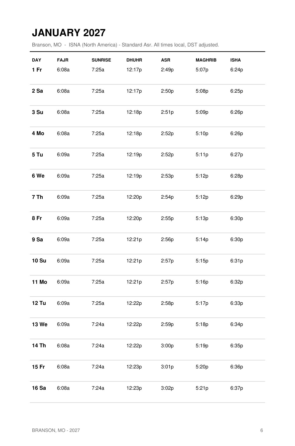 Prayer times table