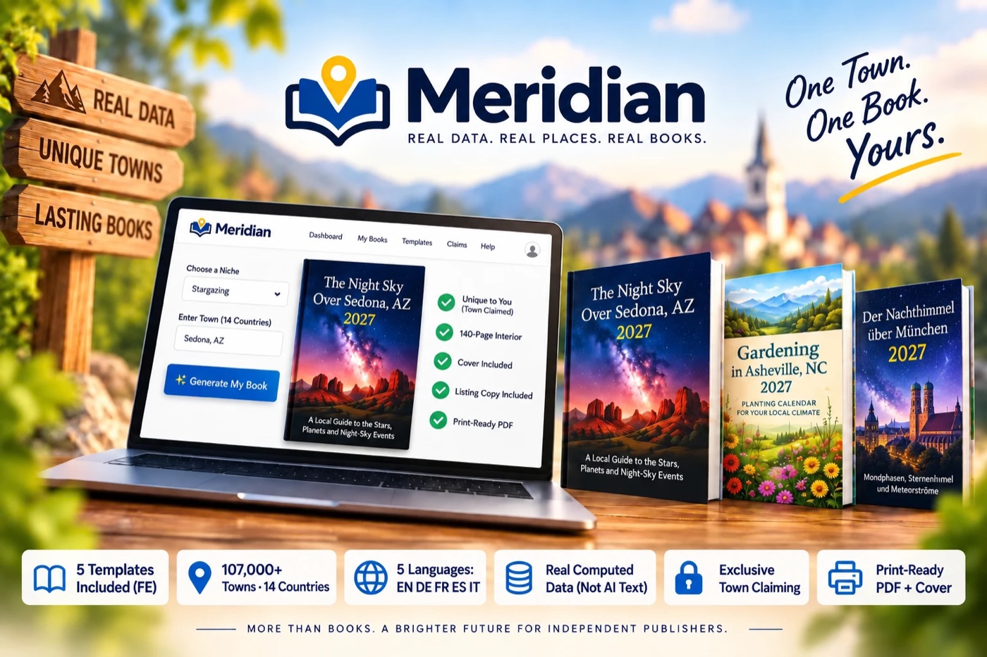 Meridian - real data, real places, real books. The app generating The Night Sky Over Sedona, AZ 2027, next to printed books for Sedona, Asheville and Munich.