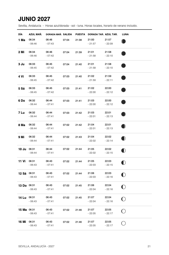 Spanish edition golden hour table for Sevilla, June 2027